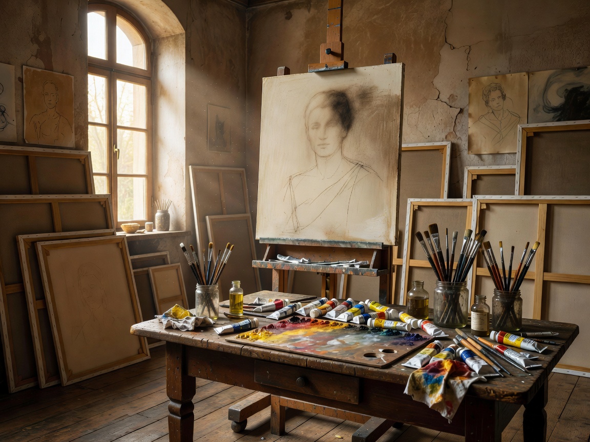 Classical European artist studio with oil pigments and canvas