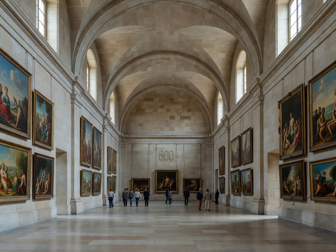 Spacious historic European museum hall with paintings on limestone walls