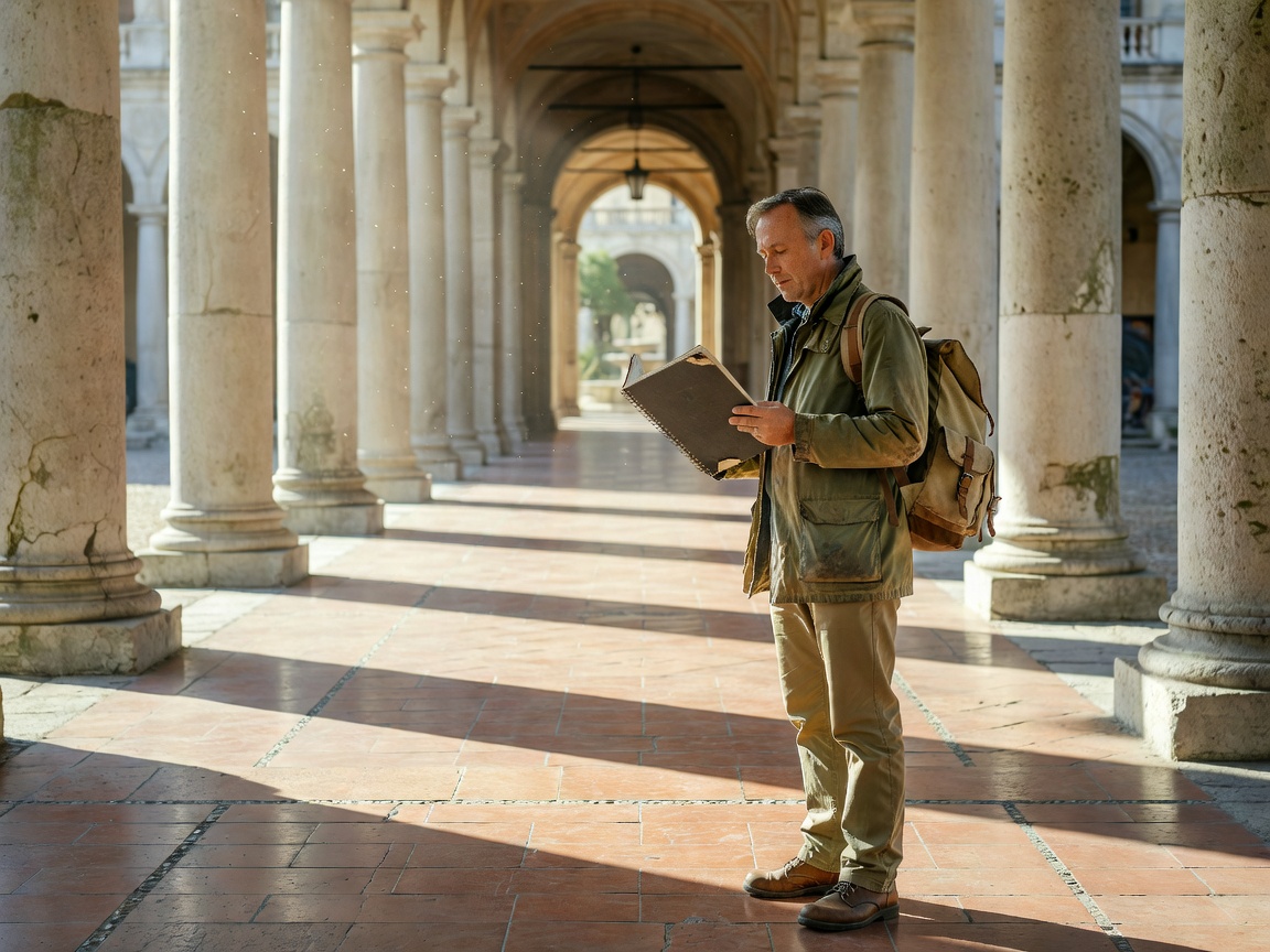 Traveller holding museum notebook in a sunlit European colonnade